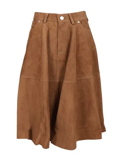 Ami Alexandre Mattiussi Pleated Suede Midi Skirt In Neutral