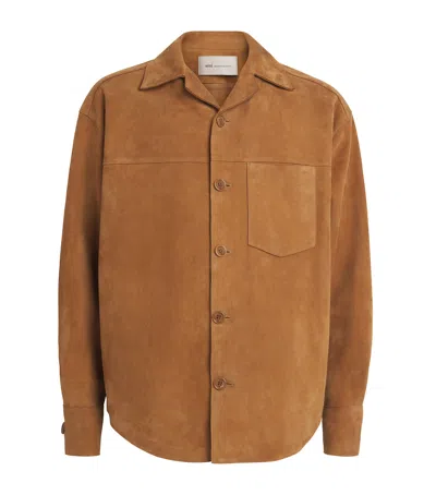 Ami Alexandre Mattiussi Suede Oversize Shirt Long Sleeves Chest Pocket In Brown