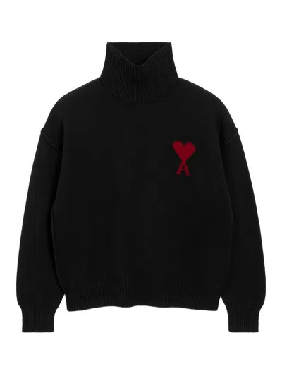 Ami Alexandre Mattiussi Sweater With Funnel Neckline And Heart Motif In Black