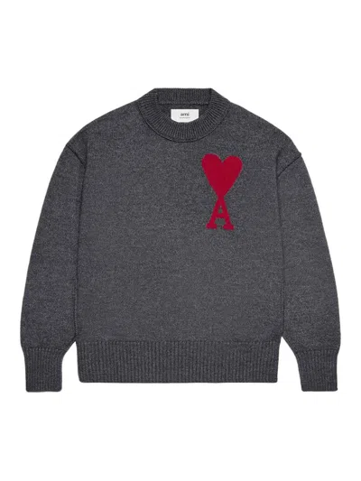 Ami Alexandre Mattiussi De Coeur Intarsia-logo Wool Jumper In Gris Chine / Rouge