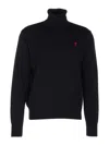 Ami Alexandre Mattiussi Merino Wool Black Turtleneck Sweater With Heart Logo In Black