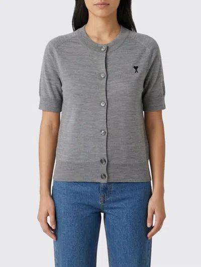 Ami Alexandre Mattiussi Ami Paris Embroidered Heart Round Collar Short Sleeve Sweater In Gray