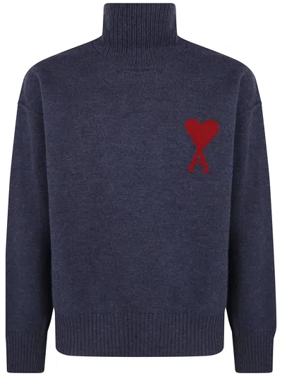 Ami Alexandre Mattiussi Wool Funnel Neck Sweater In Blue
