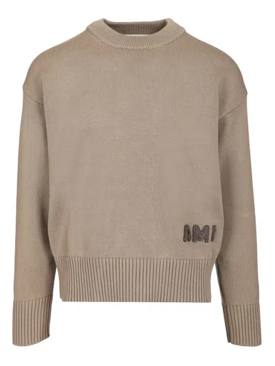 Ami Alexandre Mattiussi Ami Logo Embroidered Crewneck Knitted Sweater In Beige