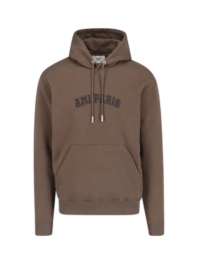 Ami Alexandre Mattiussi Ami Paris Logo-printed Drawstring Hoodie In Brown