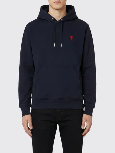 Ami Alexandre Mattiussi Ami Navy Blue Cotton Jersey Hoodie With Signature Monogram
