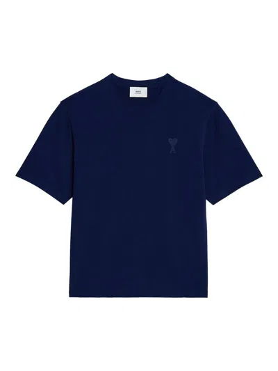 Ami Alexandre Mattiussi Logo-stamp Organic-cotton T-shirt In Blue