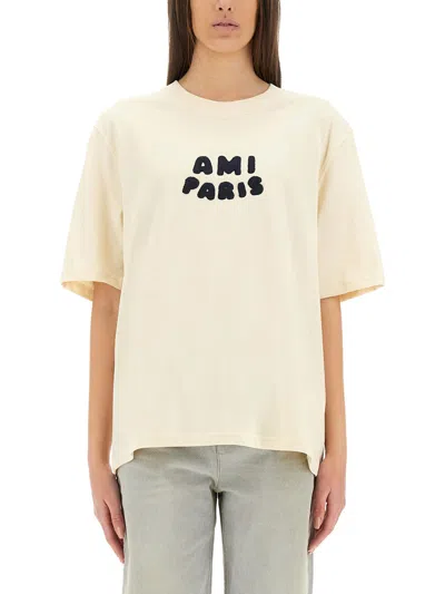 Ami Alexandre Mattiussi T-shirt With Logo Patch In Beige