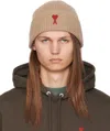 Ami Alexandre Mattiussi Ami De Coeur Ribbed Wool Beanie In Camel/red/289