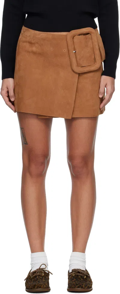 Ami Alexandre Mattiussi Tan Goat Leather Big Buckle Belted Miniskirt In Brown