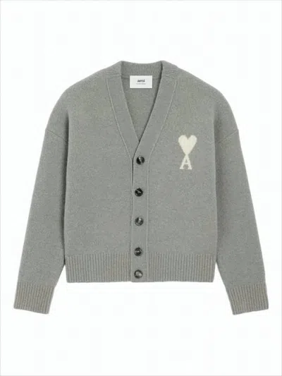 Ami Alexandre Mattiussi Textured Knit Cardigan With Heart Motif In Gray