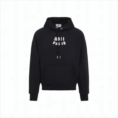 Ami Alexandre Mattiussi Textured Logo Black Hoodie With Drawstring In Black