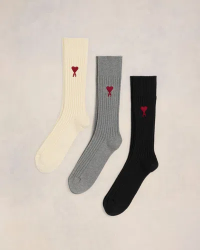 AMI ALEXANDRE MATTIUSSI TRICOLOR COTTON THREE PACK SOCKS WHITE