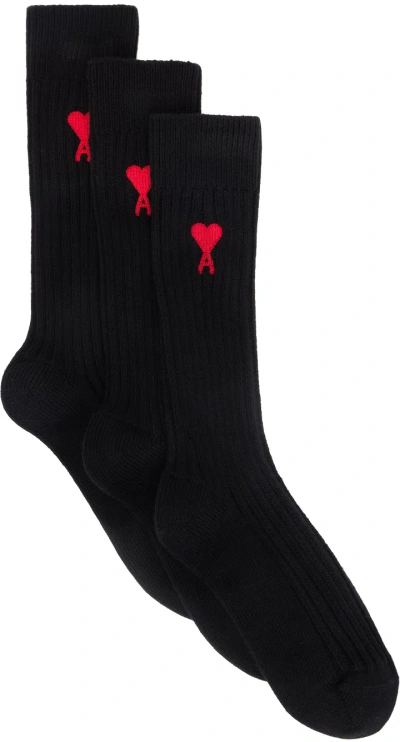 Ami Alexandre Mattiussi Three-pack Black Ami De Cœur Socks In Black/001