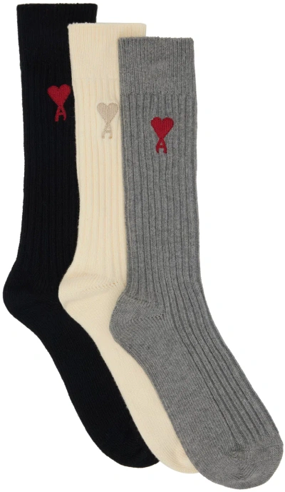 Ami Alexandre Mattiussi Three-pack Multicolor Ami De Cœur Socks In 971 Multi