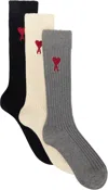 Ami Alexandre Mattiussi Three-pack Multicolor Cotton Socks In Off White/grey/black