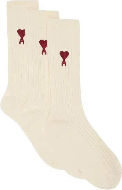 Ami Alexandre Mattiussi Three-pack Off-white Cotton Socks In Off White/150