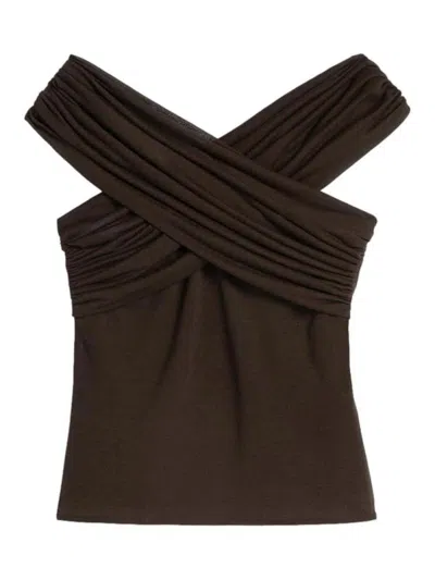 Ami Alexandre Mattiussi Draped Cotton Blend Jersey Top In Dark Coffee