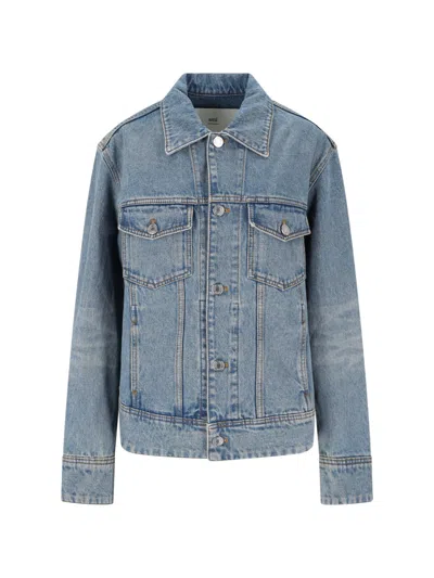 Ami Alexandre Mattiussi Denim Jacket With Chest Pockets And Embroidered Detail In Blue