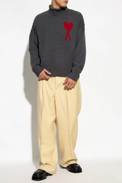 Ami Alexandre Mattiussi Turtleneck Sweater With Logo In Grey