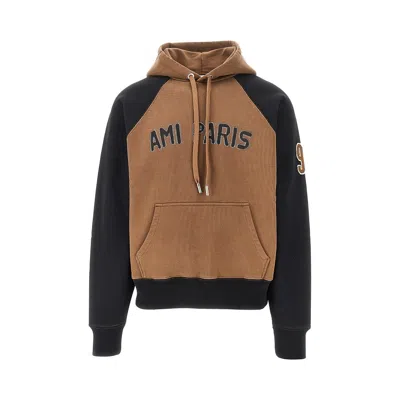 Ami Alexandre Mattiussi Two-tone Hoodie With Logo Patch In Brown