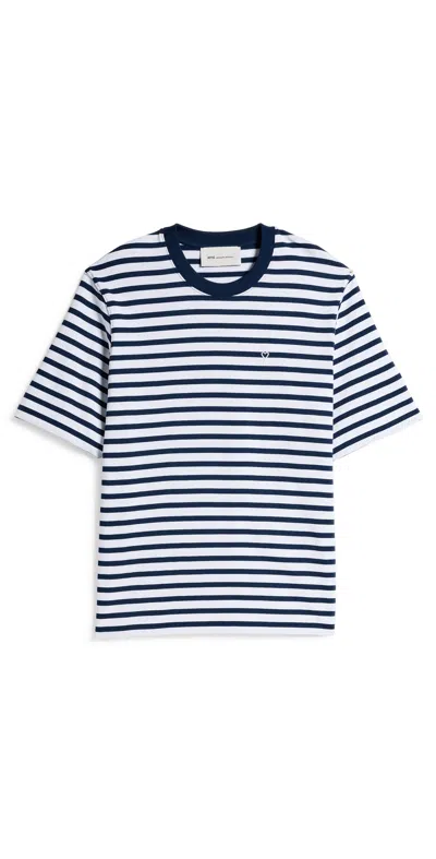 Ami Alexandre Mattiussi Ami Paris White And Blue Mariniere Boxy Fit Cotton T-shirt