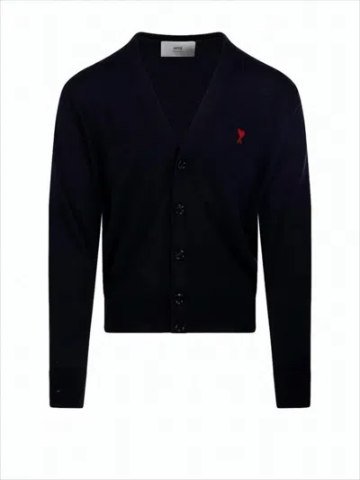 AMI ALEXANDRE MATTIUSSI V-NECK BLACK MERINO WOOL CARDIGAN WITH SIGNATURE LOGO