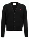 Ami Alexandre Mattiussi V-neck Black Wool Cardigan With Embroidered Accent In Black