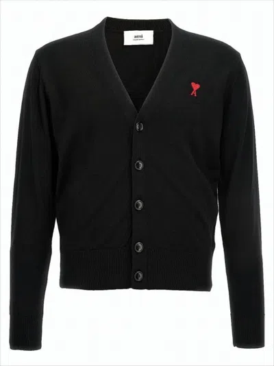 Ami Alexandre Mattiussi V-neck Black Wool Cardigan With Embroidered Accent