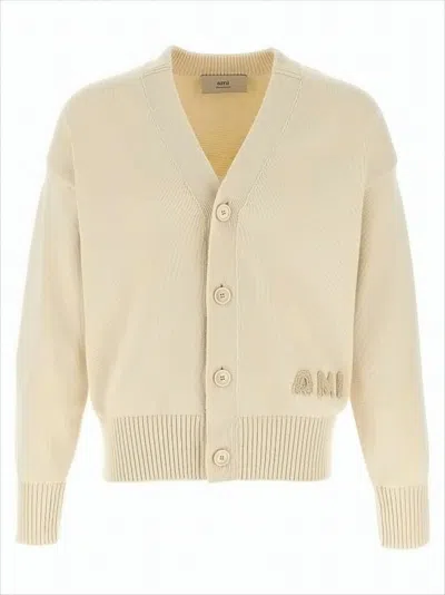 Ami Alexandre Mattiussi V-neck Button-down Cardigan With Textured Detailing In Neutral