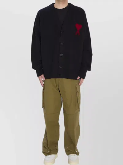 Ami Alexandre Mattiussi V-neck Cardigan In Merino Wool In Black