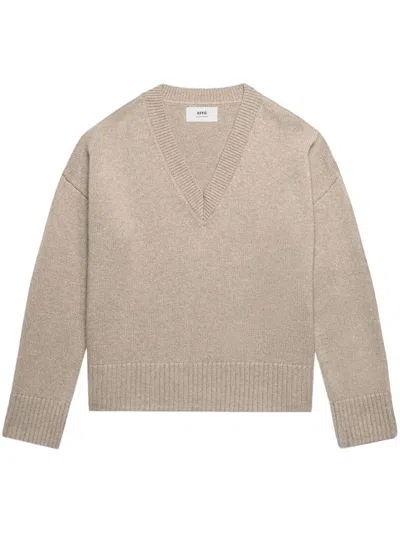 Ami Alexandre Mattiussi V-neck Elbow Patches Jumper In Neutrals