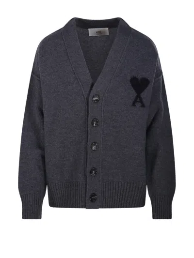 Ami Alexandre Mattiussi V Neck Felted Merino Adc Cardigan In Blue
