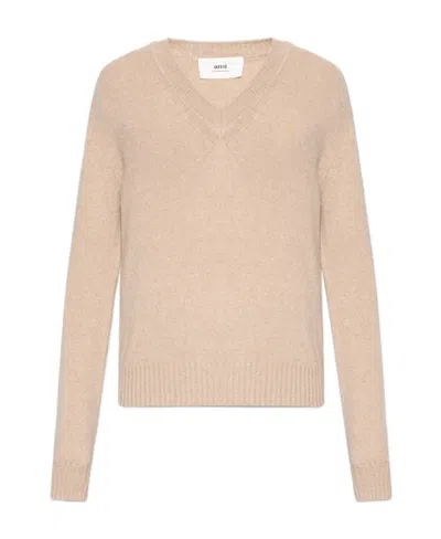 Ami Alexandre Mattiussi V-neck Knitted Jumper In Nude