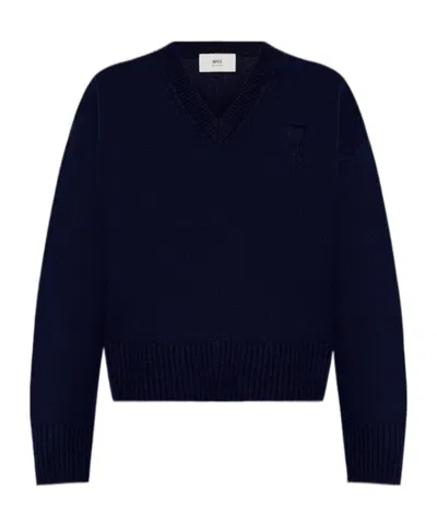 Ami Alexandre Mattiussi V-neck Long-sleeved Sweater In Black
