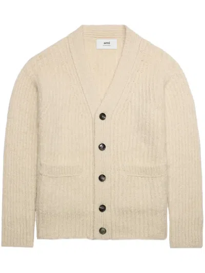 Ami Alexandre Mattiussi Ami Logo Embroidered Buttoned Cardigan In Beige