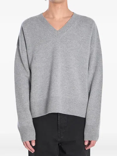 Ami Alexandre Mattiussi Ribbed V-neck Sweater With Long Sleeves In Gray