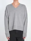 Ami Alexandre Mattiussi Ami V-neck Ribbed Sweater With Embroidered Logo In Gray