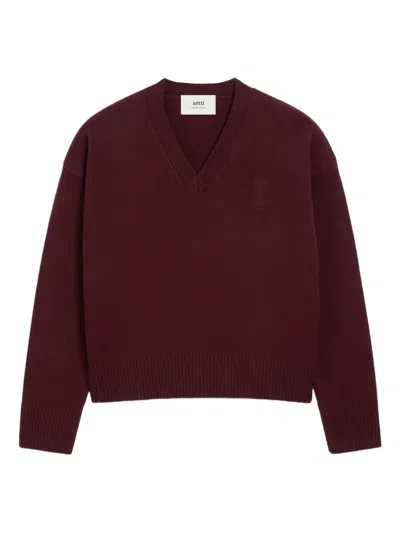 Ami Alexandre Mattiussi V Neck Sweater In Burgundy
