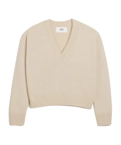 Ami Alexandre Mattiussi V-neck Wool Cashmere Sweater In Nude