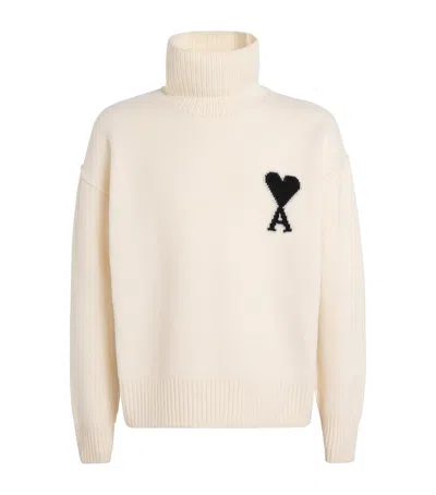 Ami Alexandre Mattiussi Virgin Wool Ami De Coeur Funnel-neck Sweater In Neutral