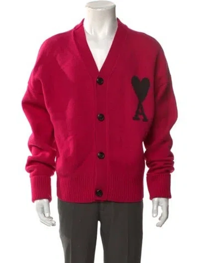 Pre-owned Ami Alexandre Mattiussi Virgin Wool Graphic Print Cardigan In Pink