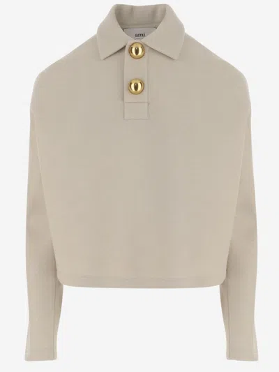 Ami Alexandre Mattiussi Viscose Blend Polo Shirt In Sand