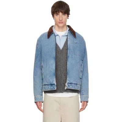 Ami Alexandre Mattiussi Vlue Zipped Ami De Coeur Velvet Collar Denim Jacket In 480 Bleu Used