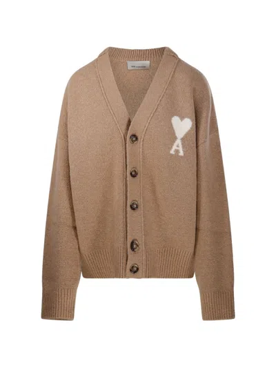 Ami Alexandre Mattiussi V-neck Cardigan Ami De Coeur In Brown