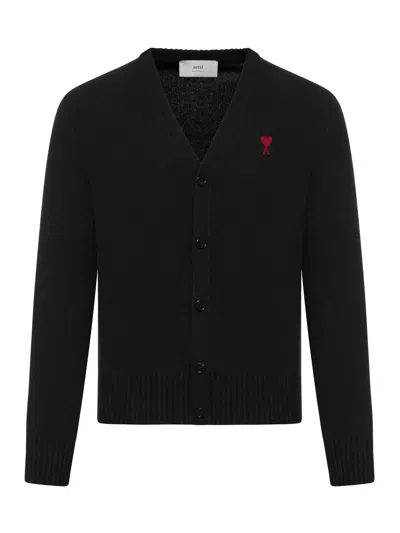 Ami Alexandre Mattiussi V-neck Knit Cardigan With Embroidered Logo In Black