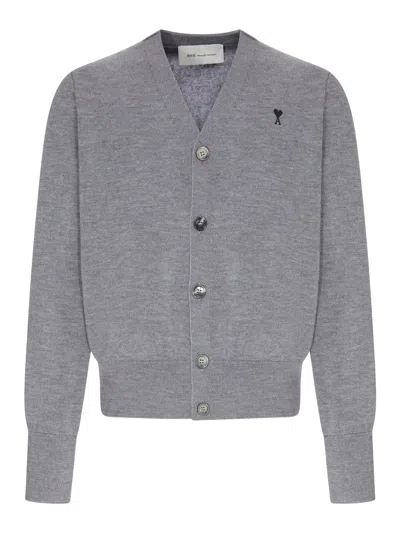 Ami Alexandre Mattiussi V-neck Knit Cardigan With Embroidered Logo In Gray