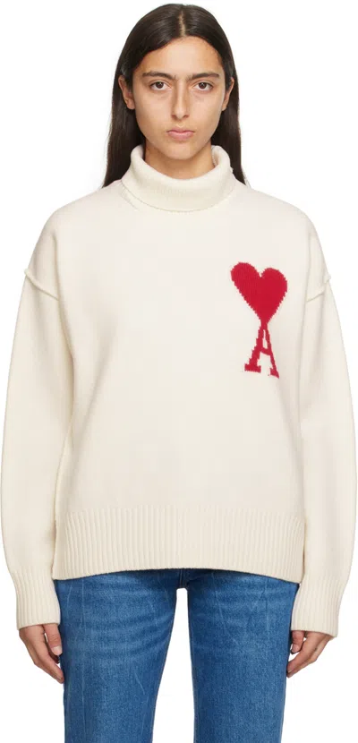 Ami Alexandre Mattiussi White Ami De Cœur Sweater In Off-white/red/154