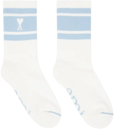Ami Alexandre Mattiussi White & Blue Ami De Cœur Striped Socks In Cashmere Blue/484
