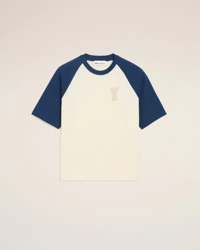 Ami Alexandre Mattiussi White And Blue Cotton Ami De Coeur Knitted Patch T-shirt White In Neutral